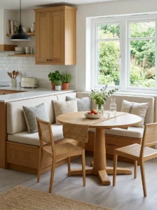 “Kitchen banquette with durable washable upholstery for family use”