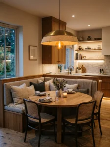 “Kitchen banquette with a warm pendant light centered over the dining table”