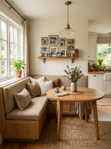 “Kitchen banquette decorated with family photos on a nearby shelf”
