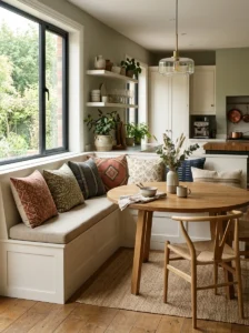 “Kitchen banquette with coordinating but varied patterned pillows”