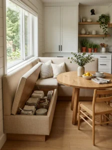 “Flexible kitchen banquette with an extendable dining table for extra seating”