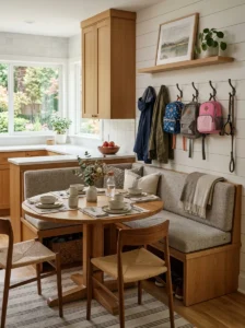 “Kitchen banquette with nearby hooks for backpacks and jackets”