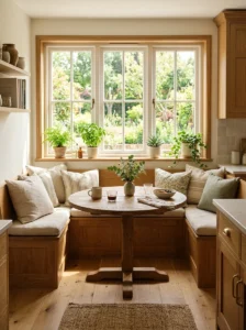 “Kitchen banquette positioned beneath a large window for natural light”
