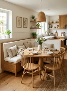 “Deep comfortable kitchen banquette with supportive seating proportions”