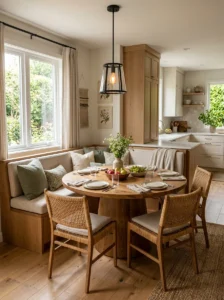 “Round dining table paired with a cozy kitchen banquette”