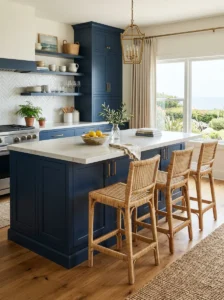 Romantic kitchen with soft periwinkle blue cabinets
