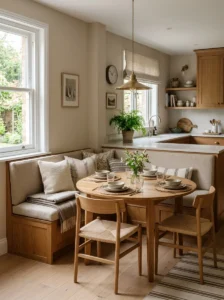 “L-shaped kitchen banquette maximizing seating around a dining table”
