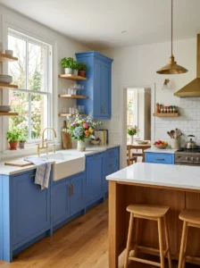 Blue kitchen cabinets with elegant white marble countertops