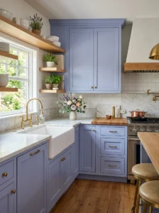 Romantic kitchen with soft periwinkle blue cabinets