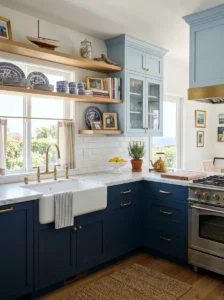 Personal blue kitchen with ocean-inspired cabinet colors and meaningful décor