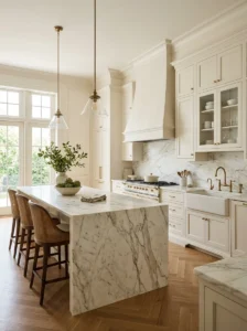 Natural Calacatta marble countertop in an elegant timeless kitchen