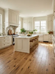 Warm oak wood flooring in an elegant timeless kitchen
