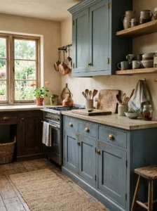 Dusty steel blue kitchen cabinets with a weathered finish