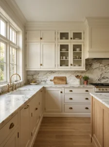 Elegant kitchen with detailed warm white inset cabinetry