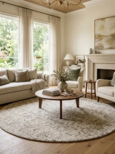 Round coffee table positioned on a properly sized area rug