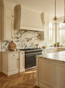 Classic brass bridge faucet above a farmhouse kitchen sink