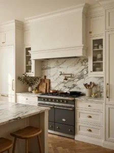 Calacatta marble backsplash behind a classic kitchen range