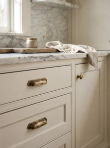 Unlacquered brass kitchen hardware with natural patina