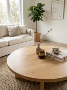 Round coffee table styled with generous negative space