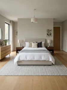 Low-pile bedroom rug creating smooth floor movement