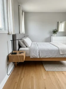 Bedroom with neatly managed cords along the walls