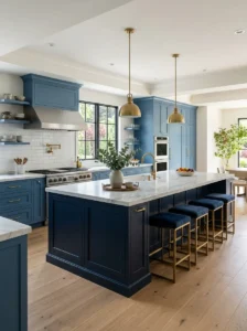 Kitchen with a dramatic deep navy blue island