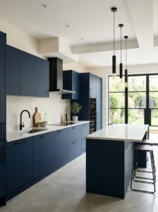 Blue kitchen cabinets with elegant white marble countertops