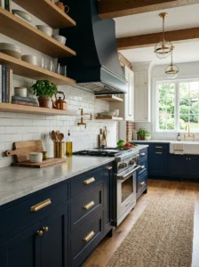 Kitchen with navy lower cabinets and soft powder blue upper cabinets