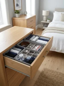 Drawer dividers organizing small clothing items in a compact bedroom