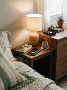 Bedroom essentials organized within one easy reach zone