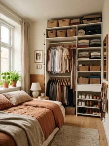Small organized bedroom showing how smart storage can maximize limited space