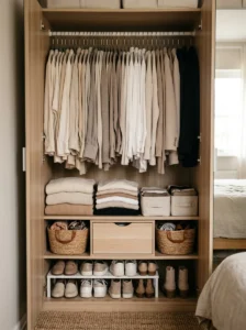 Slim velvet hangers maximizing clothing space in a small closet