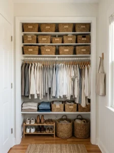 Matching baskets keeping a small closet organized and visually calm