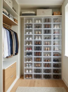 Clear stackable shoe boxes organizing footwear in a small closet