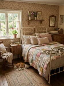 “Cottagecore bedroom with a handmade mismatched patchwork quilt”