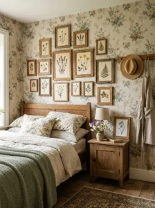 “Cottagecore bedroom decorated with framed pressed wildflowers”