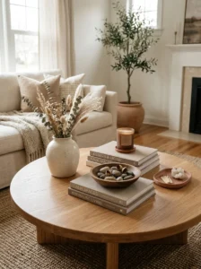 Round coffee table decorated with a cohesive warm neutral palette