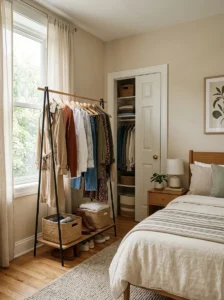 Slim garment rack providing overflow storage beside a small closet