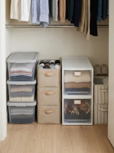 Stackable storage bins creating vertical space in a small closet
