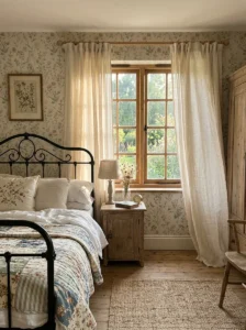 “Cottagecore bedroom with soft flowing natural linen curtains”