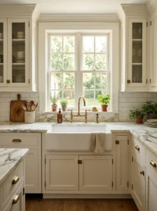 White fireclay farmhouse sink in a classic elegant kitchen
