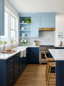 Deep navy blue kitchen cabinets with elegant brass hardware