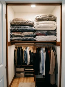 Vacuum-sealed bags saving closet space for bulky seasonal items