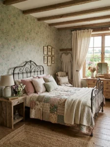 “Cottagecore bedroom in muted sage green, dusty rose and warm cream tones”