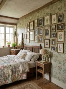 “Cottagecore bedroom with mismatched vintage picture frames”