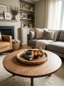 Round tray organizing small items on a coffee table