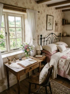 “Cottagecore bedroom with a small wooden writing desk by the window”