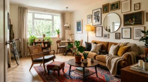 Modern eclectic apartment decor with mixed styles, textures, and bold accents