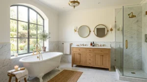 Classic bathroom interior ideas with marble, neutral tones, and elegant design