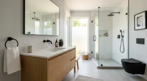 Clean modern bathroom with floating vanity and minimal neutral design
